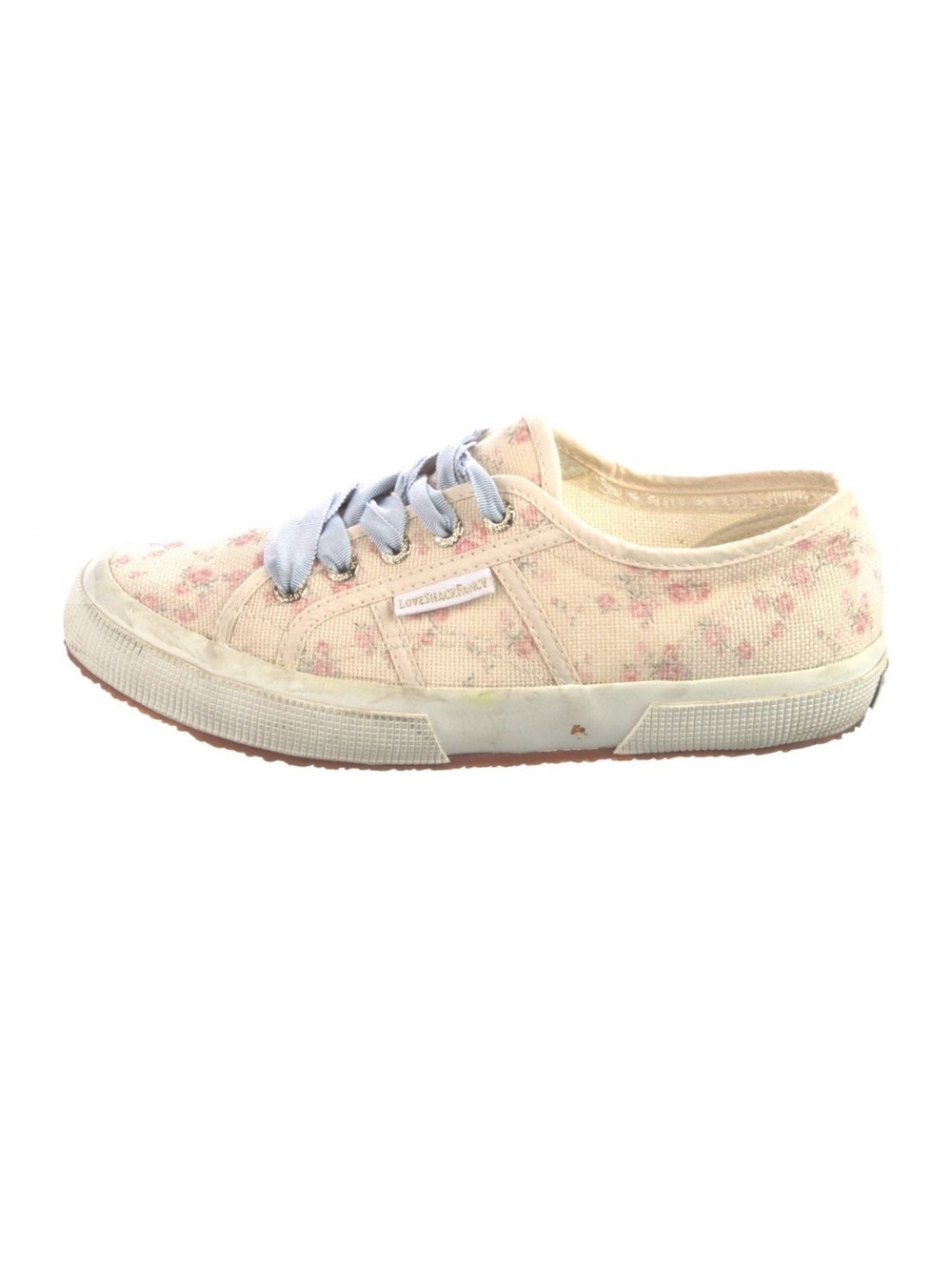 LoveShackFancy Cream and Pink Floral Low-Top Sneakers with Light Blue Laces